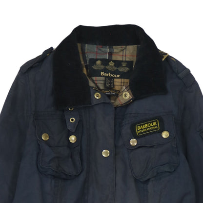 Barbour Womens Blue Waxed Cotton Belted Motorcycle Jacket Size 8
