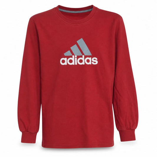 Front view of Adidas boys’ red crew neck pullover sweatshirt 13-14 years logo graphic