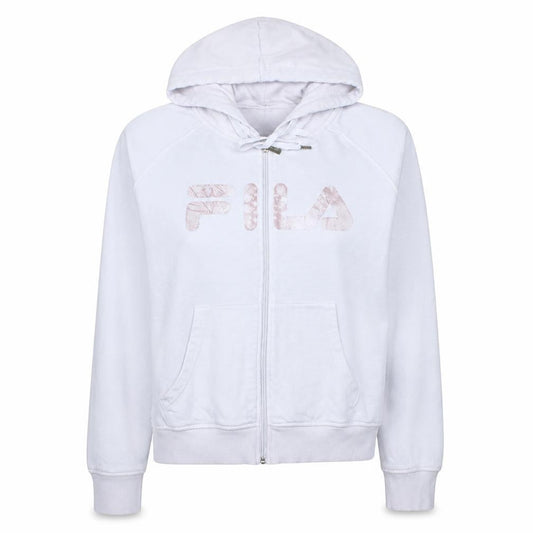 Front view of Fila women’s white full zip hoodie, size M, cotton blend logo sweatshirt