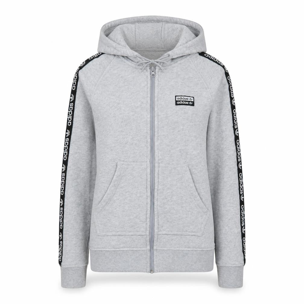 Front view of Adidas Women’s Grey Full Zip Hoodie, size UK 8, Classic Logo Hooded Sweatshirt