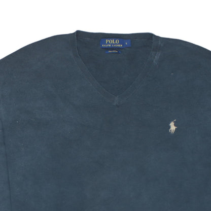 Ralph Lauren Men's Blue V-Neck Pima Cotton Pullover Jumper Size L