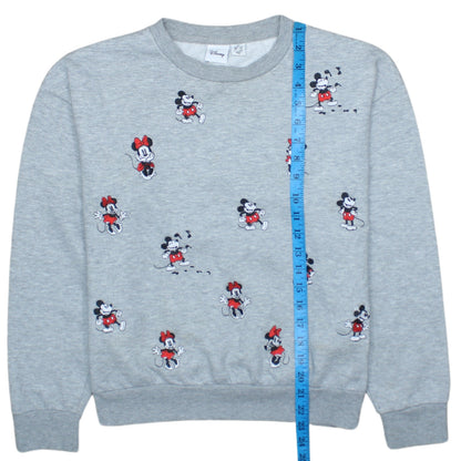 Disney Women Grey XS Sweatshirt Mickey & Minnie Embroidered Crew Neck