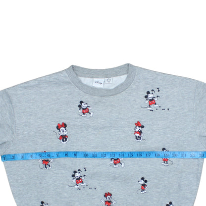 Disney Women Grey XS Sweatshirt Mickey & Minnie Embroidered Crew Neck