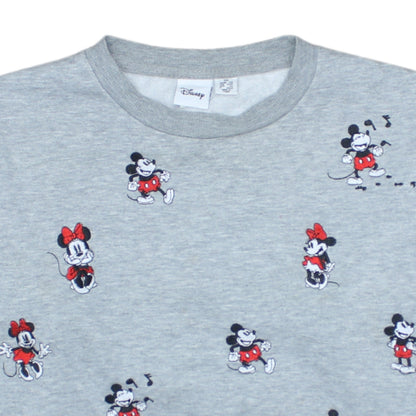 Disney Women Grey XS Sweatshirt Mickey & Minnie Embroidered Crew Neck