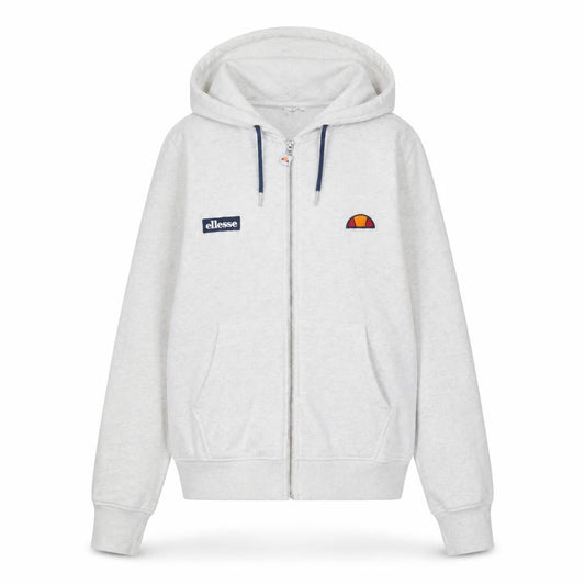 Front view of Ellesse unisex white full zip hoodie, size 12, regular fit