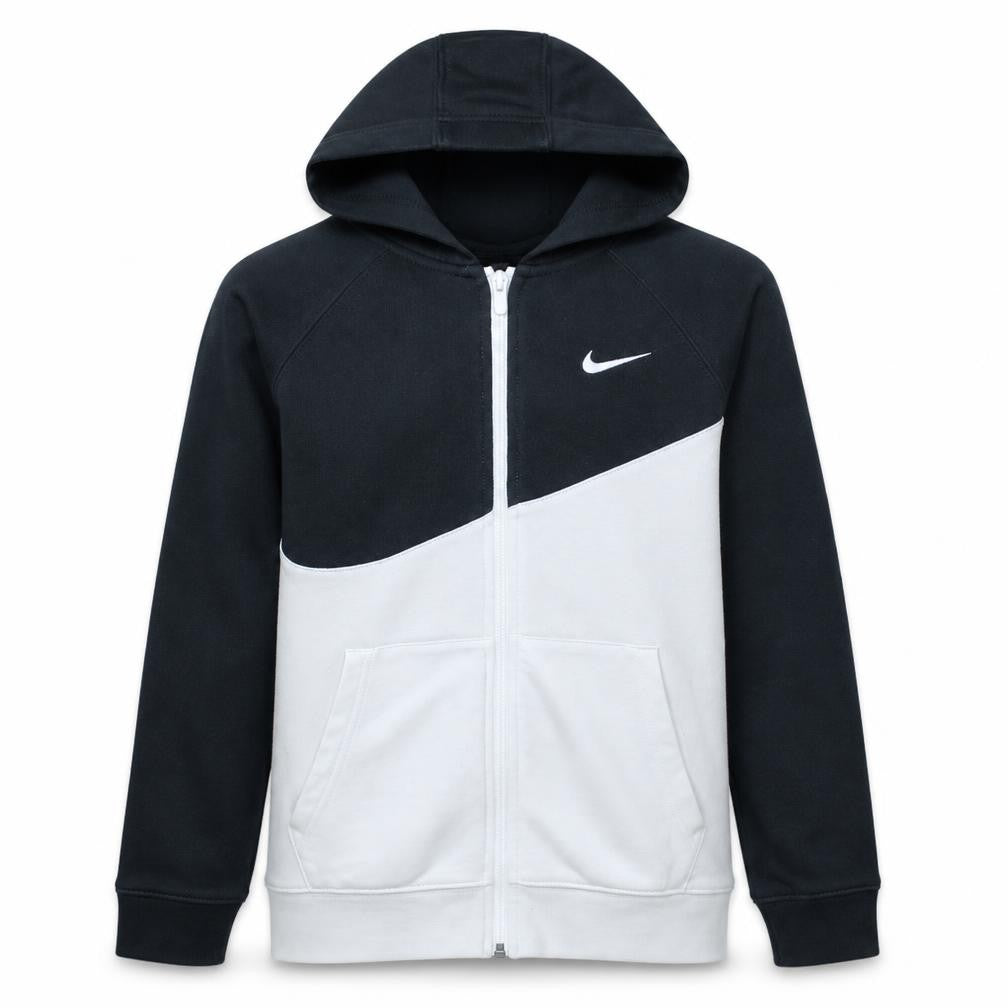 Front view of Nike boys’ black full zip hoodie, size L, 147-158cm colourblock sportswear