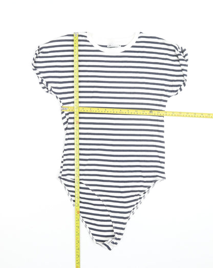 Zara Women Navy Stripe Bodysuit L Short Sleeve Crew Neck Casual