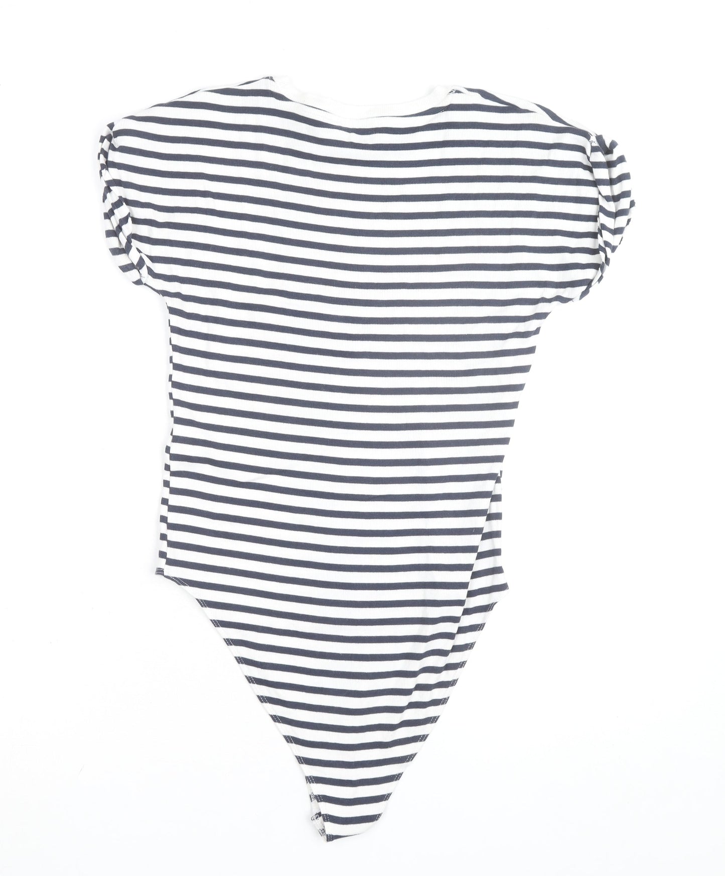 Zara Women Navy Stripe Bodysuit L Short Sleeve Crew Neck Casual