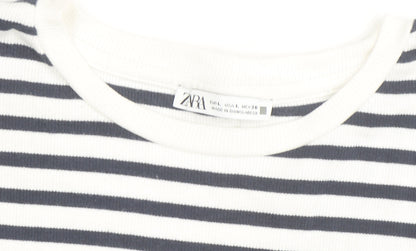 Zara Women Navy Stripe Bodysuit L Short Sleeve Crew Neck Casual