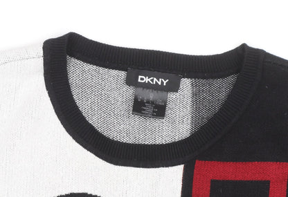 DKNY Women Black White Geometric Crew Neck Pullover Jumper Medium