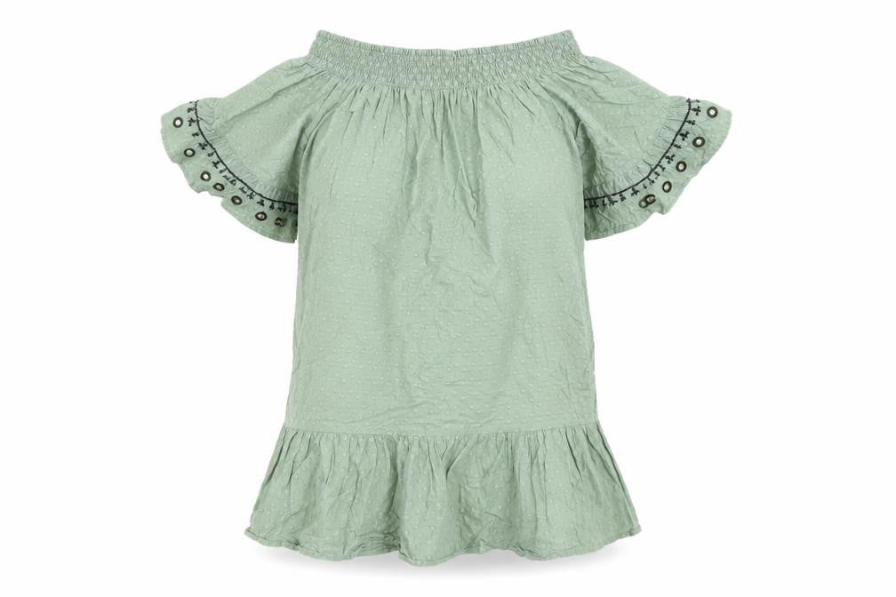 F&F Women’s Green Off Shoulder Peasant Blouse Size S Short Sleeve