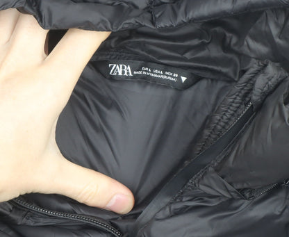 Zara Women’s Black Puffer Jacket Size 14 Hooded Long Lightweight Winter Coat