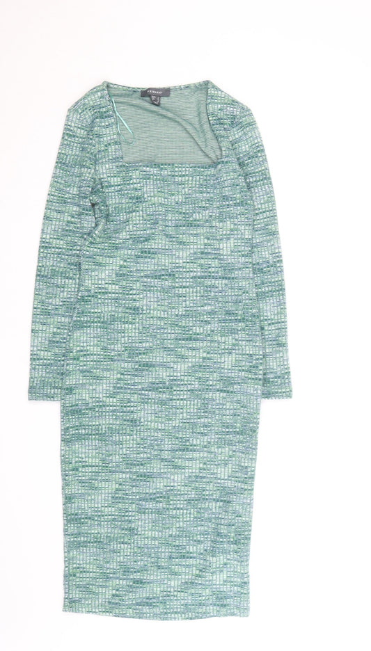 Primark Women’s Green Bodycon Knit Dress Size 8 Long Sleeve Square Neck