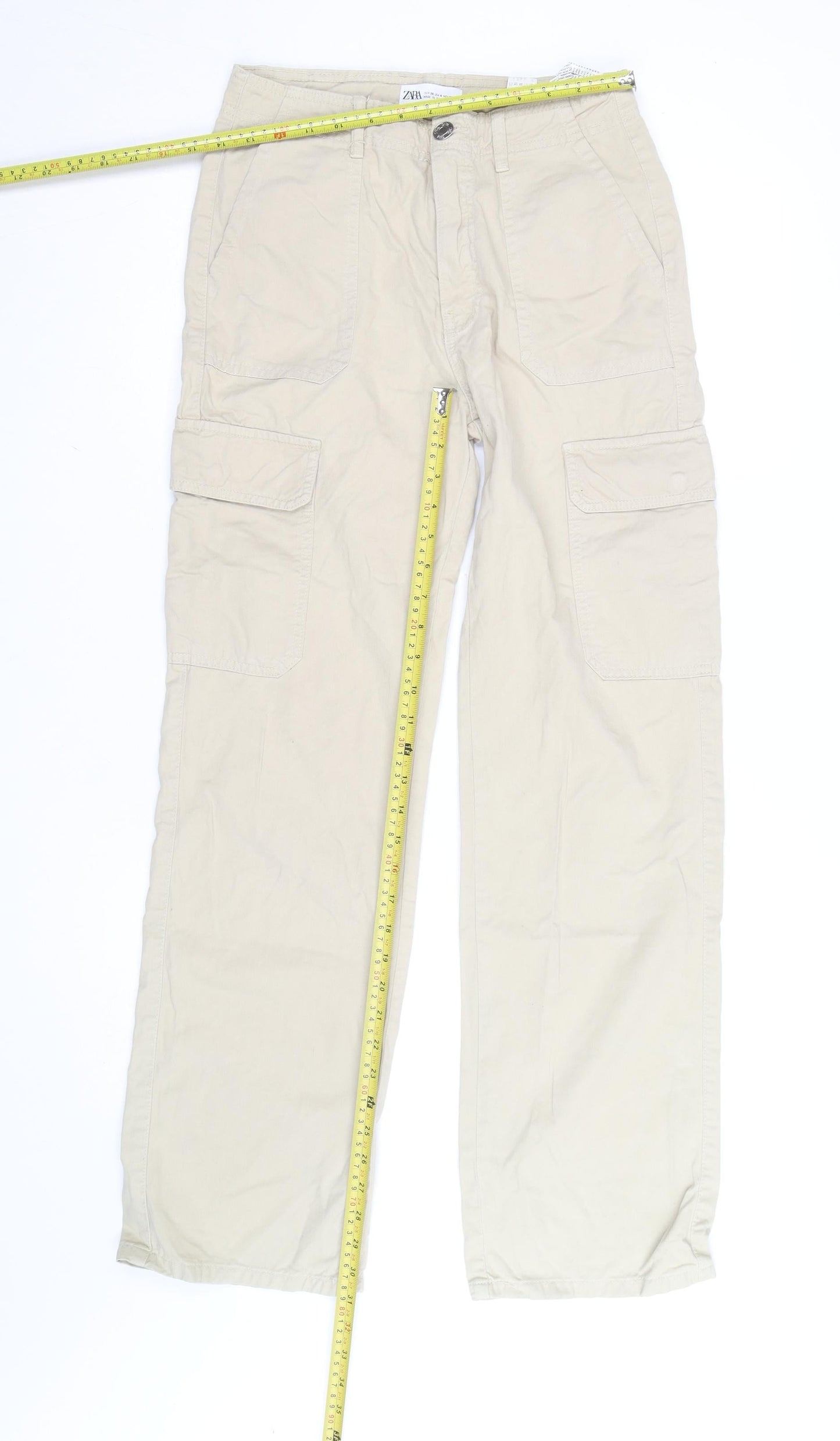 Zara Women Beige Cargo Trousers Size 12 Cotton Casual Pockets
