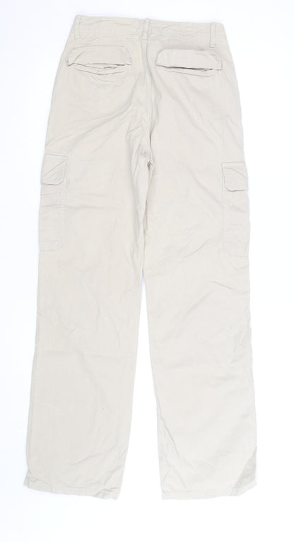 Zara Women Beige Cargo Trousers Size 12 Cotton Casual Pockets