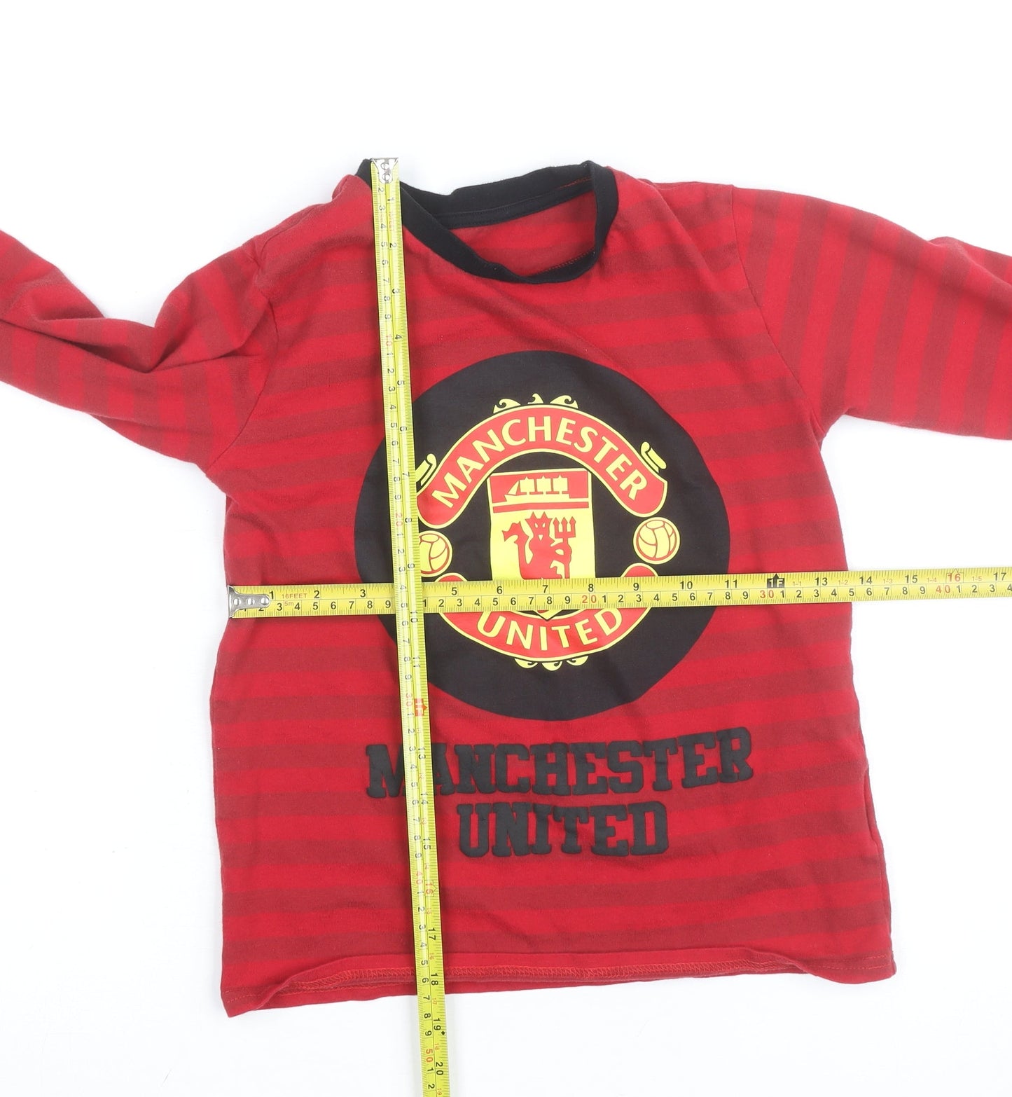 Manchester United Boys Red Long Sleeve Striped T-Shirt 8-9 Years