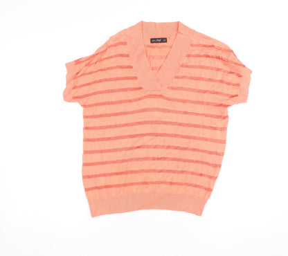 F&F Women's Pink Striped Knit Short Sleeve V-Neck Top XS