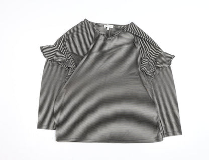Warehouse Women’s Black Striped Ruffle Cold Shoulder Jersey Top Size 16