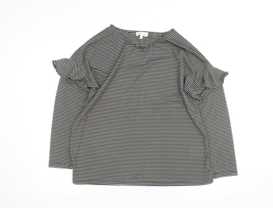 Warehouse Women’s Black Striped Ruffle Cold Shoulder Jersey Top Size 16