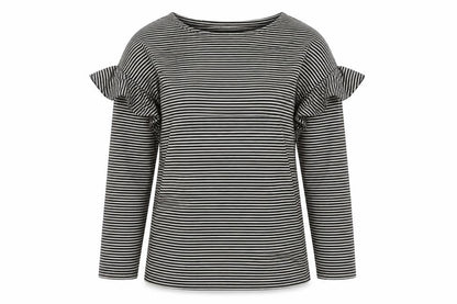Warehouse Women’s Black Striped Ruffle Cold Shoulder Jersey Top Size 16