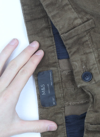 Marks and Spencer Men's Brown Corduroy Regular Fit Trousers Size 36W 31L