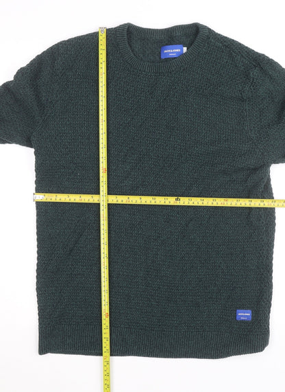 Jack & Jones Mens Green Cotton Knit Crew Neck Jumper Size M