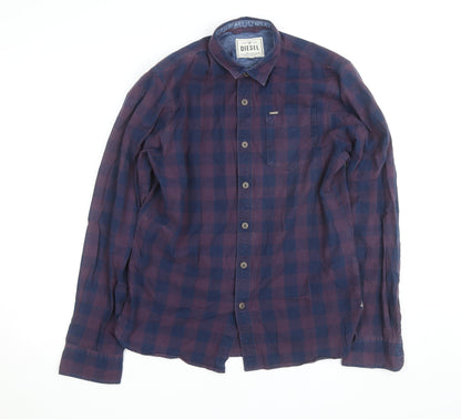 Diesel Men's Blue Checked Cotton Long Sleeve Button-Up Shirt L