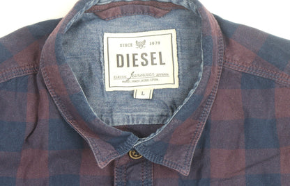 Diesel Men's Blue Checked Cotton Long Sleeve Button-Up Shirt L