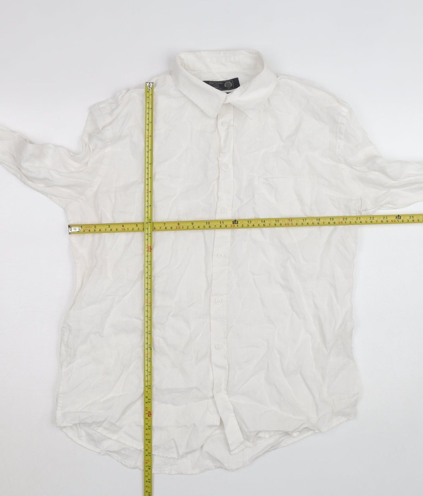 Paul Costelloe Men’s White Linen Regular Fit Long Sleeve Dress Shirt M
