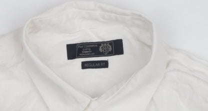 Paul Costelloe Men’s White Linen Regular Fit Long Sleeve Dress Shirt M