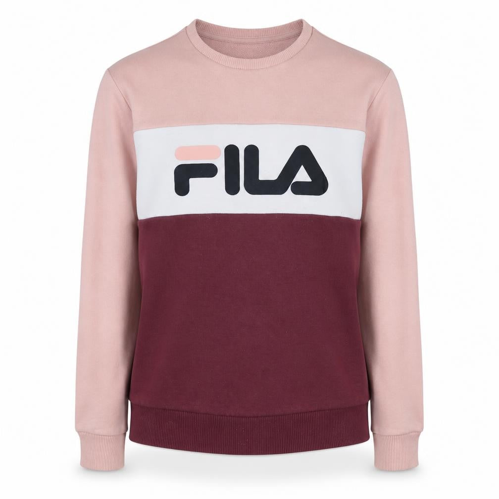 Front view of Fila Women’s Pink Colourblock Logo Sweatshirt, size S, Casual Crew Neck