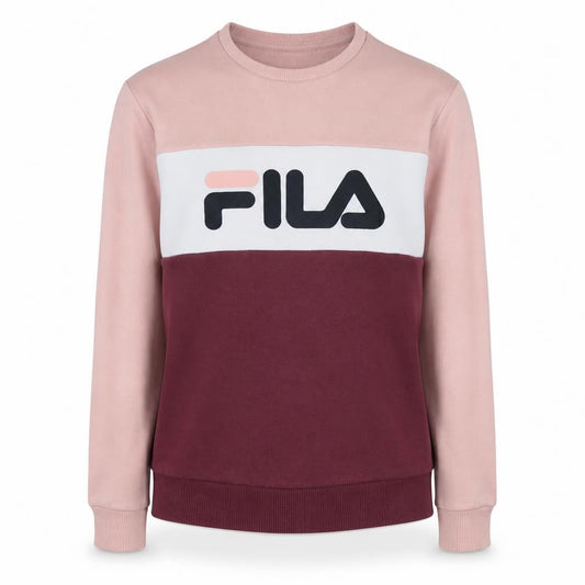Front view of Fila Women’s Pink Colourblock Logo Sweatshirt, size S, Casual Crew Neck