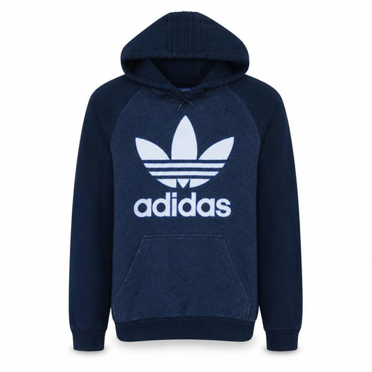 Front view of Adidas Men's Blue Pullover Hoodie Small Logo Fleece Sweatshirt