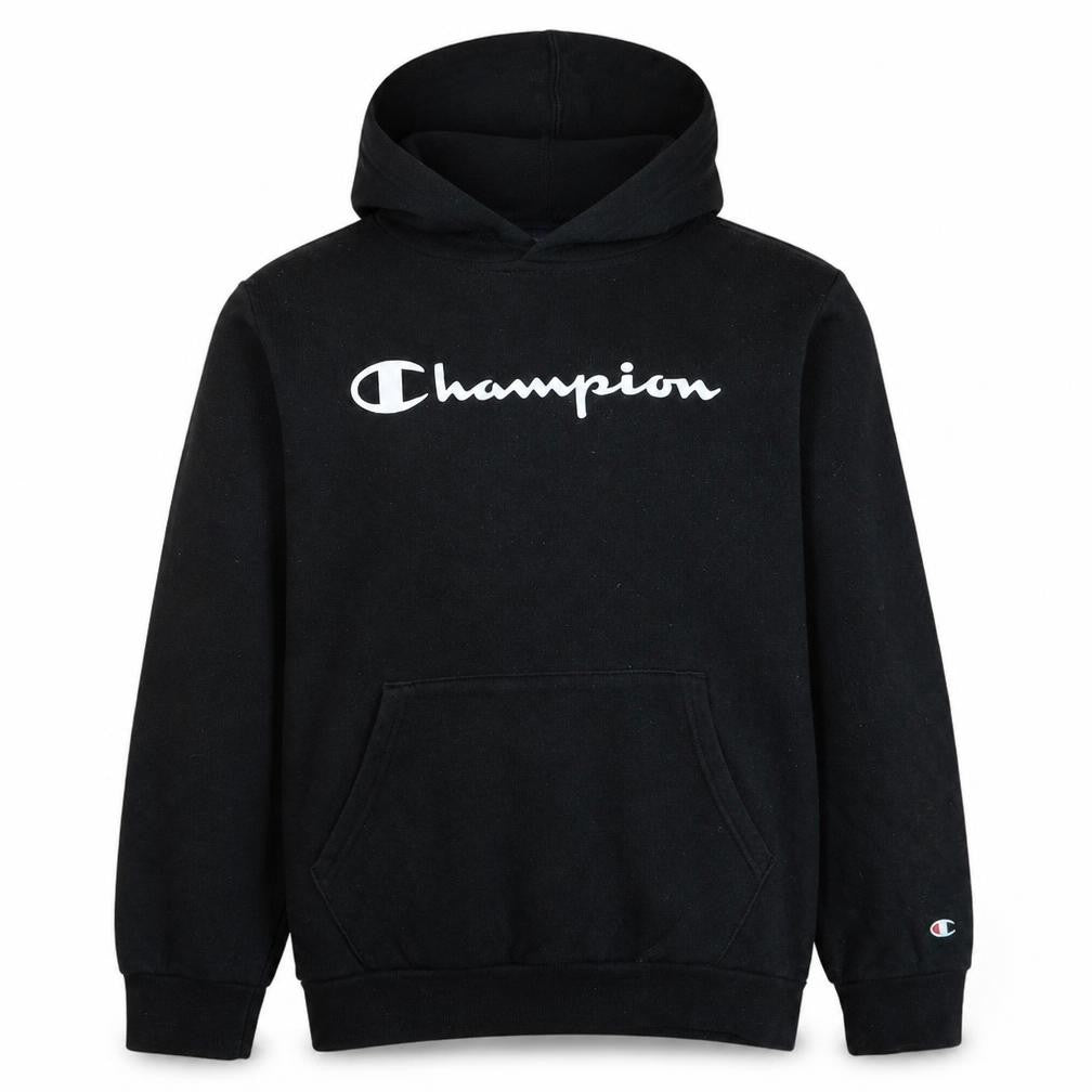 Front view of Champion boys’ black pullover hoodie 13-14 years regular fit fleece