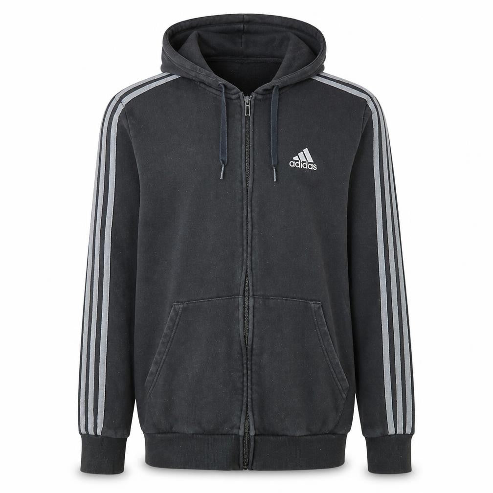 Front view of Adidas Men's Black Full Zip Hoodie, size M, Sports Fleece