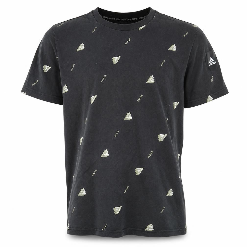 Front view of Adidas Men's Black Logo Graphic Print Cotton T-Shirt, size L
