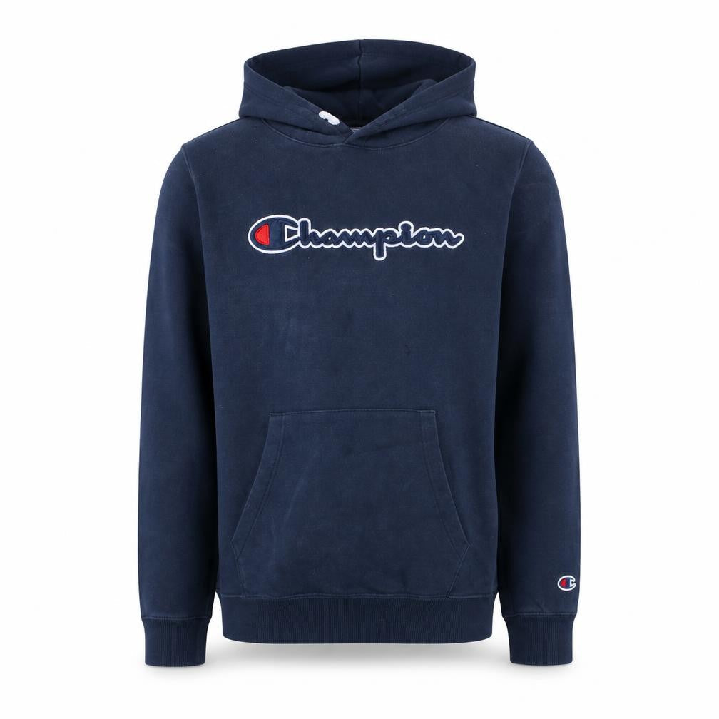 Front view of Champion boys’ navy blue pullover hoodie 15-16 years logo cotton blend