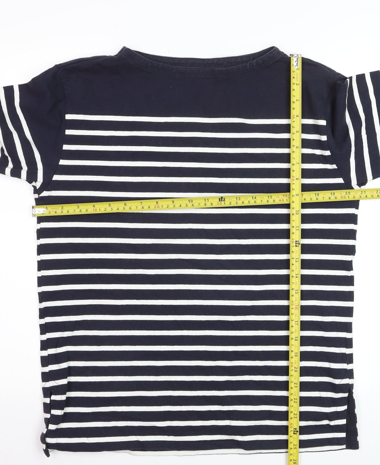 Uniqlo Women Blue Striped Long Sleeve Boat Neck Cotton Top Size S