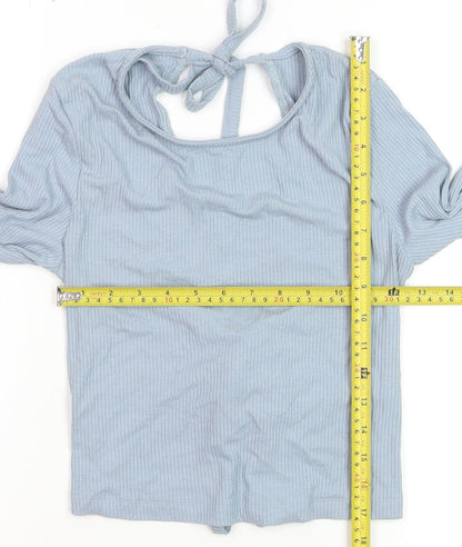 NA-KD Women Blue Cropped Long Sleeve Tie Front Top Size M