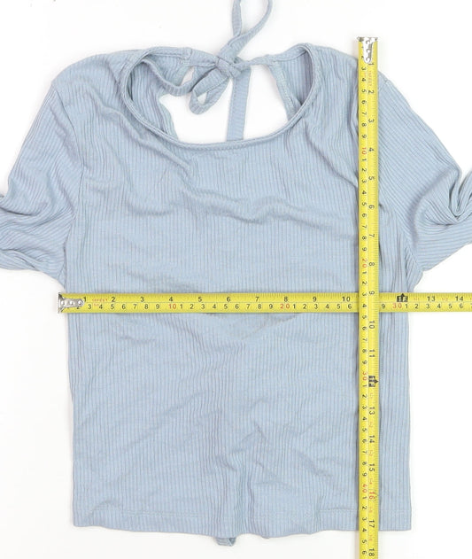 NA-KD Women Blue Cropped Long Sleeve Tie Front Top Size M