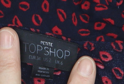 Topshop Petite Blue Red Ruffle Wrap Blouse Women’s Size 6