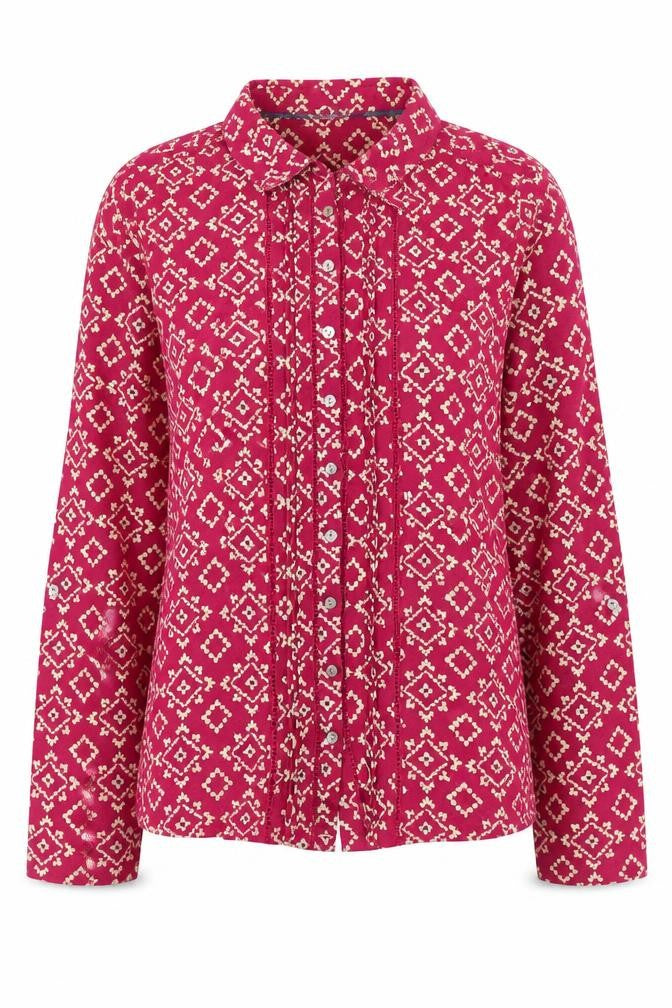 White Stuff Women Pink Geometric Cotton Blouse Size 8 Long Sleeve