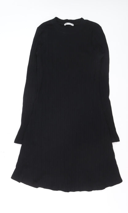 Zara Women Black Knit Long Sleeve Knee Length Sweater Dress M