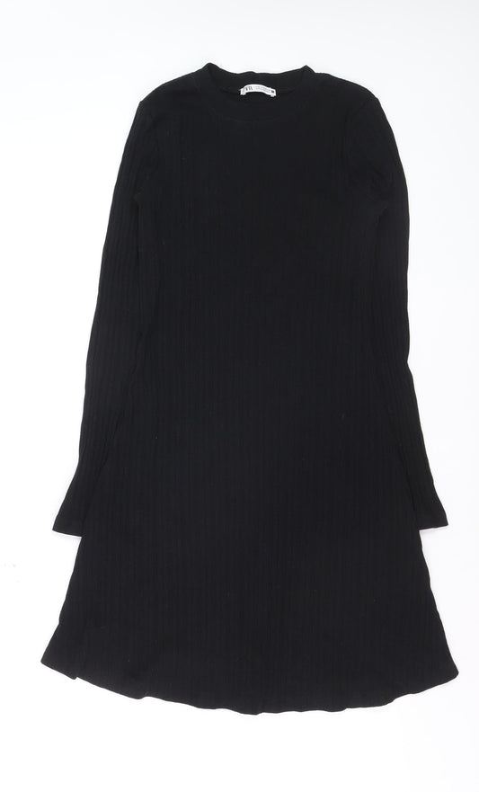 Zara Women Black Knit Long Sleeve Knee Length Sweater Dress M