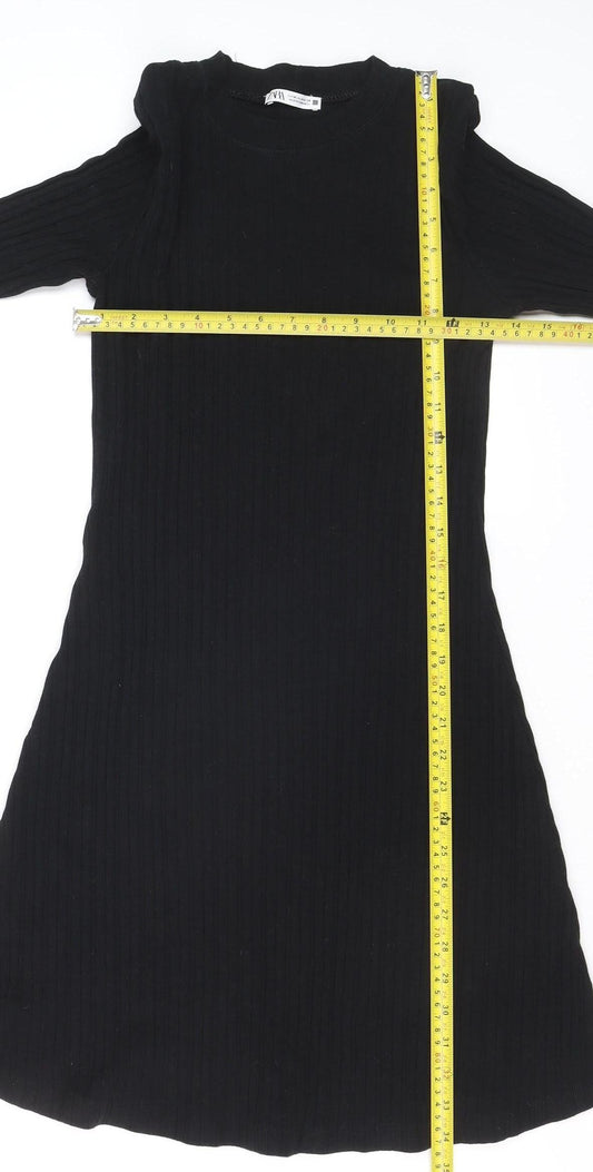 Zara Women Black Knit Long Sleeve Knee Length Sweater Dress M