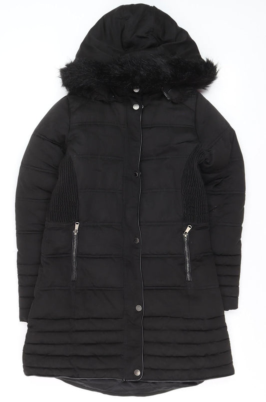 Firetrap Girls Black Long Hooded Puffer Coat 11-12 Years Faux Fur Trim