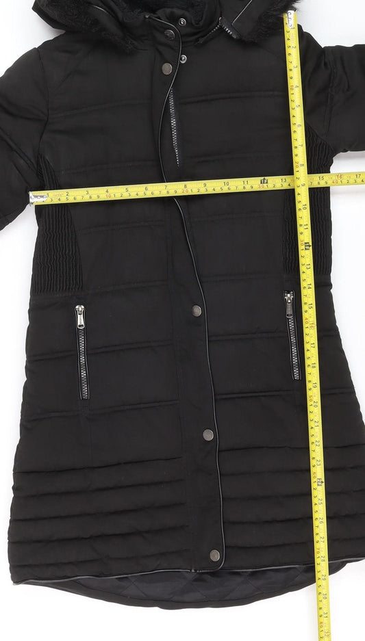Firetrap Girls Black Long Hooded Puffer Coat 11-12 Years Faux Fur Trim