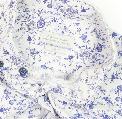 Zara Man Slim Fit White Floral Button-Up Shirt Men's Medium