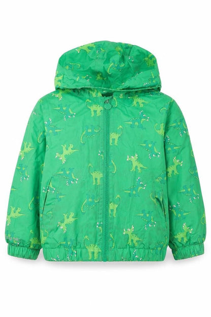 Front view of Regatta unisex baby green dinosaur rain coat jacket 4 plus hooded polyester