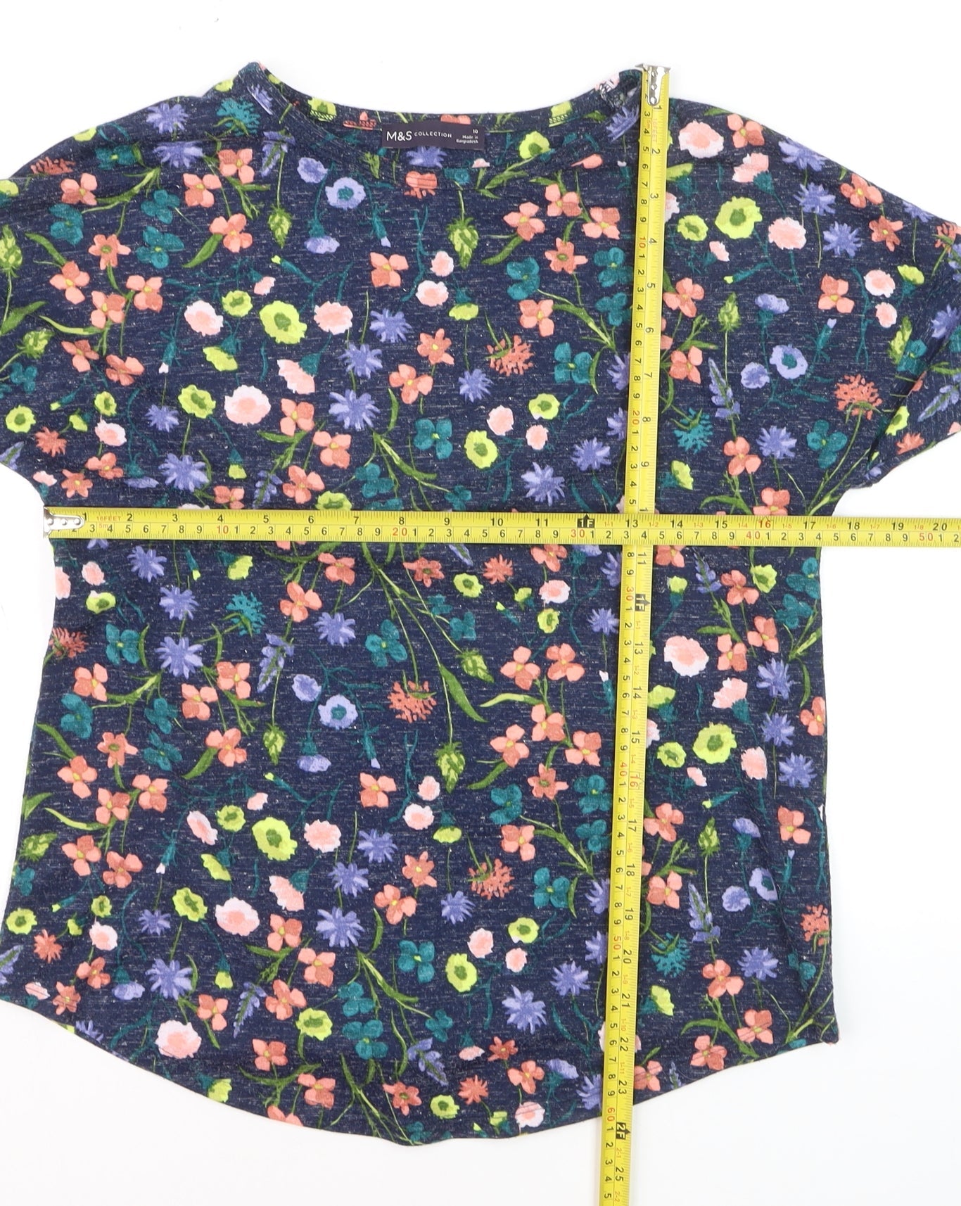 Marks and Spencer Women Blue Floral 3/4 Sleeve Linen Blend T-Shirt Size 10